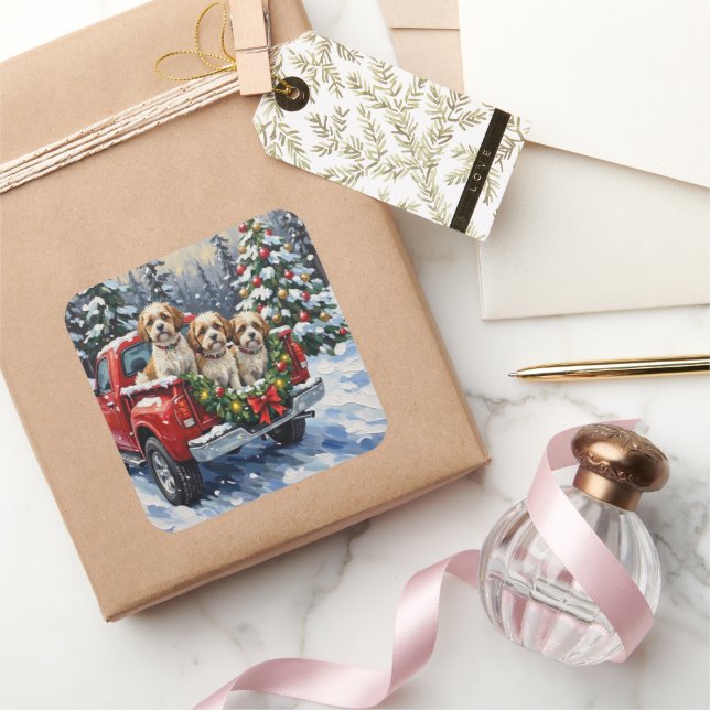 Malti-Tzu Christmas Red Truck Holiday Square Sticker (Gifting)