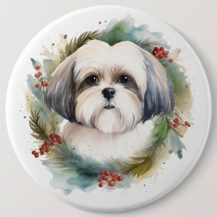 Malti Tzu Christmas Wreath Festive Pup 6 Cm Round Badge