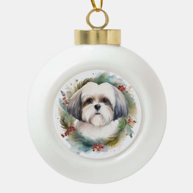 Malti Tzu Christmas Wreath Festive Pup Ceramic Ball Christmas Ornament (Front)