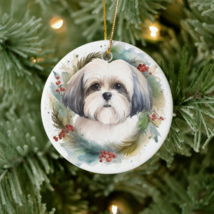 Malti Tzu Christmas Wreath Festive Pup Ceramic Ornament