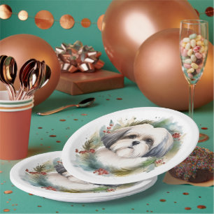 Malti Tzu Christmas Wreath Festive Pup Paper Plate
