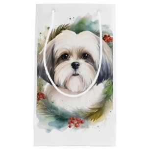 Malti Tzu Christmas Wreath Festive Pup Small Gift Bag