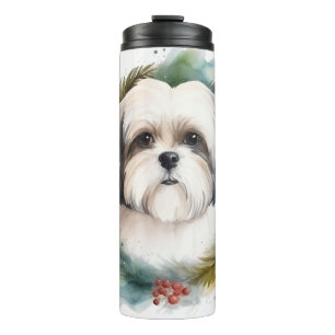 Malti Tzu Christmas Wreath Festive Pup Thermal Tumbler