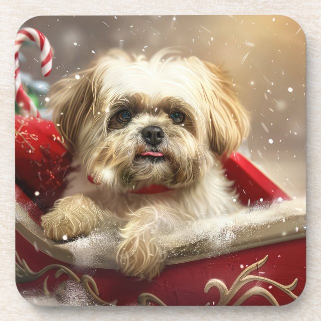 Malti Tzu Dog Christmas Festive Coaster (Front)