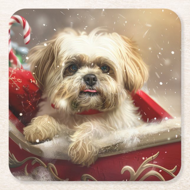Malti Tzu Dog Christmas Festive Square Paper Coaster (Front)