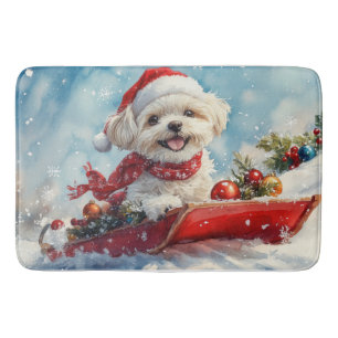 Malti Tzu Dog in Sledge Let it Snow Christmas Bath Mat