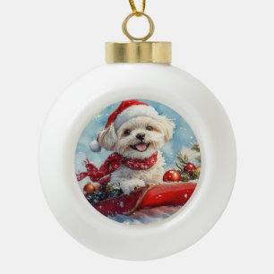 Malti Tzu Dog in Sledge Let it Snow Christmas Ceramic Ball Christmas Ornament