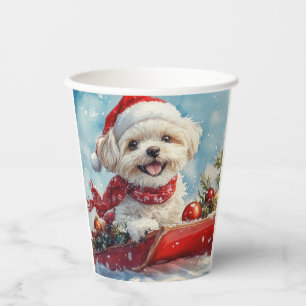 Malti Tzu Dog in Sledge Let it Snow Christmas Paper Cups