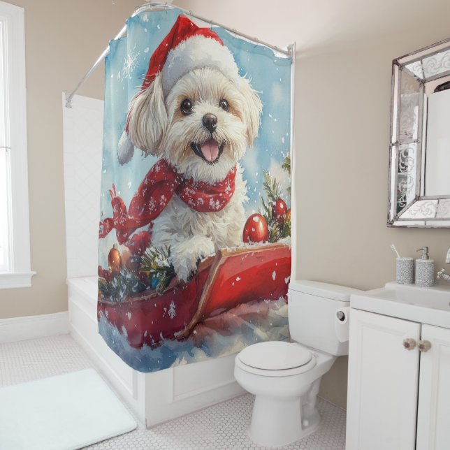 Malti Tzu  Dog in Sledge Let it Snow Christmas Shower Curtain (In Situ)