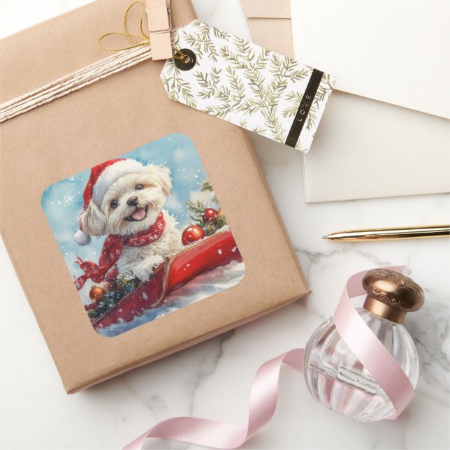 Malti Tzu  Dog in Sledge Let it Snow Christmas Square Sticker (Gifting)