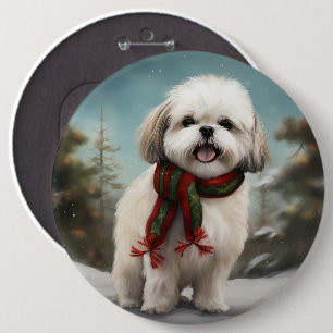 Malti Tzu Dog in Snow Christmas 6 Cm Round Badge