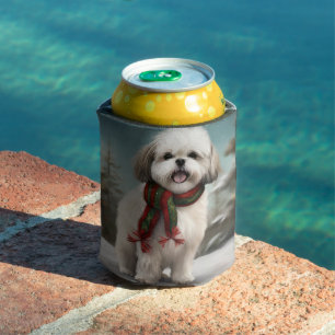 Malti Tzu Dog in Snow Christmas Can Cooler