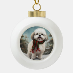 Malti Tzu Dog in Snow Christmas Ceramic Ball Christmas Ornament