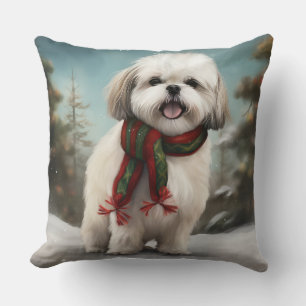 Malti Tzu Dog in Snow Christmas Cushion