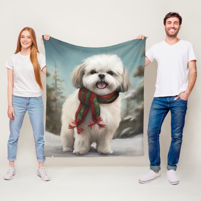 Malti Tzu Dog in Snow Christmas Fleece Blanket (In Situ)