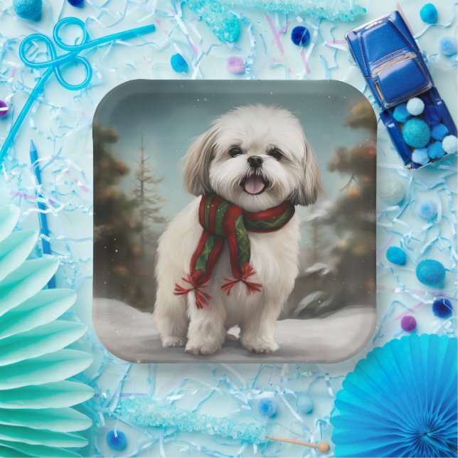 Malti Tzu Dog in Snow Christmas Paper Plate (Party)