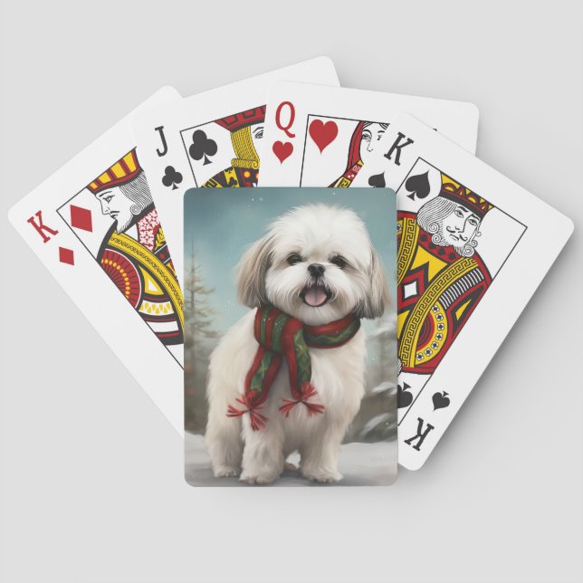Malti Tzu Dog in Snow Christmas Playing Cards (Back)
