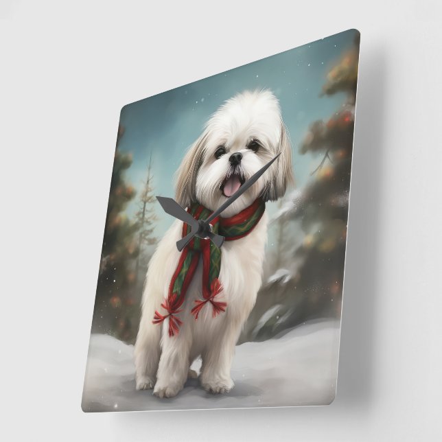 Malti Tzu Dog in Snow Christmas Square Wall Clock (Angle)