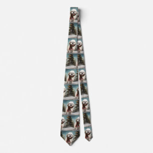 Malti Tzu Dog in Snow Christmas Tie
