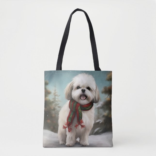 Malti Tzu Dog in Snow Christmas Tote Bag (Front)