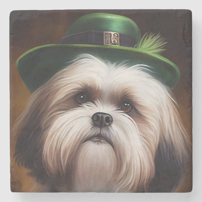 Malti Tzu Dog in St. Patrick's Day Dress Stone Coaster (Front)