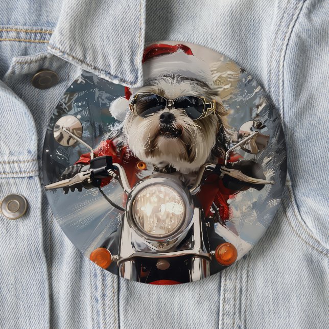 Malti Tzu Dog Riding Motorcycle Christmas 6 Cm Round Badge (In Situ)