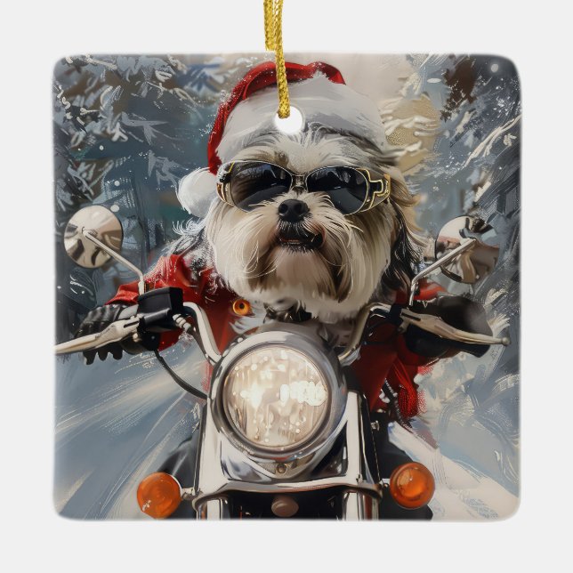 Malti Tzu Dog Riding Motorcycle Christmas Ceramic Ornament (Front)