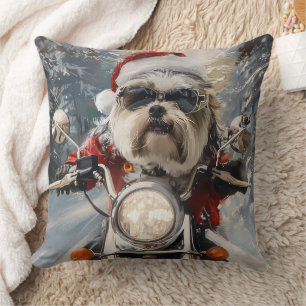 Malti Tzu Dog Riding Motorcycle Christmas Cushion