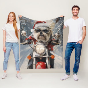 Malti Tzu Dog Riding Motorcycle Christmas Fleece Blanket
