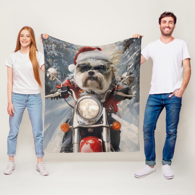 Malti Tzu Dog Riding Motorcycle Christmas Fleece Blanket (In Situ)