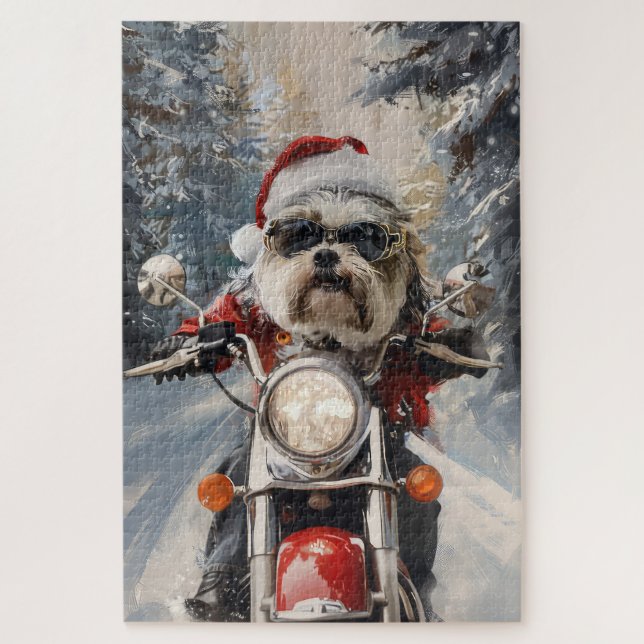 Malti Tzu Dog Riding Motorcycle Christmas Jigsaw Puzzle (Vertical)