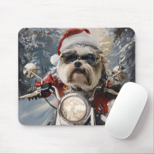 Malti Tzu Dog Riding Motorcycle Christmas Mouse Pad