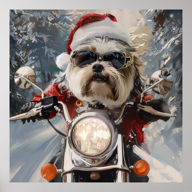 Malti Tzu Dog Riding Motorcycle Christmas Poster (Front)