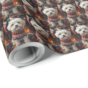 Malti Tzu Dog With Christmas Gifts Fireplace  Wrapping Paper