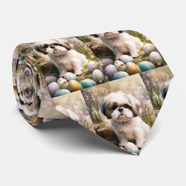 Malti Tzu Dog with Easter Eggs Holiday Tie (Rolled)