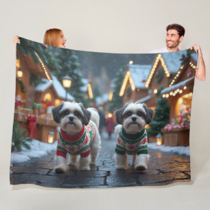 Malti Tzu Dogs Christmas Snow Holiday Fleece Blanket