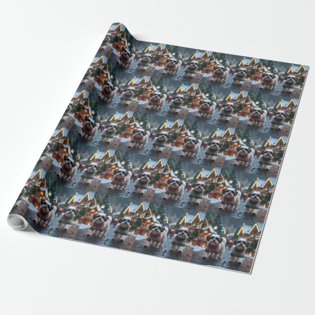 Malti Tzu Dogs Christmas Snow Holiday Wrapping Paper (Unrolled)