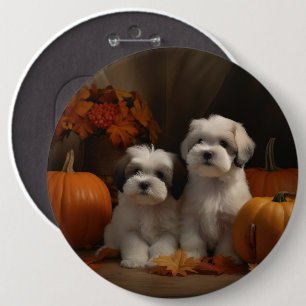 Malti tzu Puppy Autumn Delight Pumpkin 6 Cm Round Badge