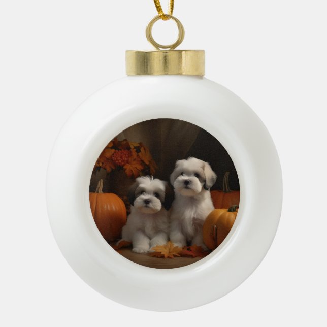 Malti tzu Puppy Autumn Delight Pumpkin Ceramic Ball Christmas Ornament (Front)