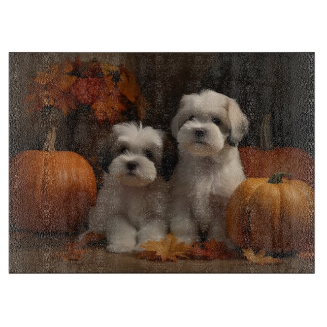 Malti tzu Puppy Autumn Delight Pumpkin Cutting Board (Front)