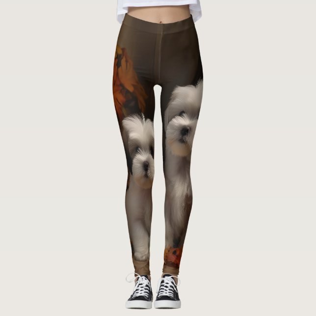 Malti tzu Puppy Autumn Delight Pumpkin Leggings (Front)