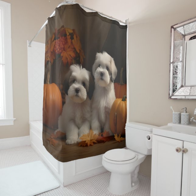 Malti tzu Puppy Autumn Delight Pumpkin Shower Curtain (In Situ)