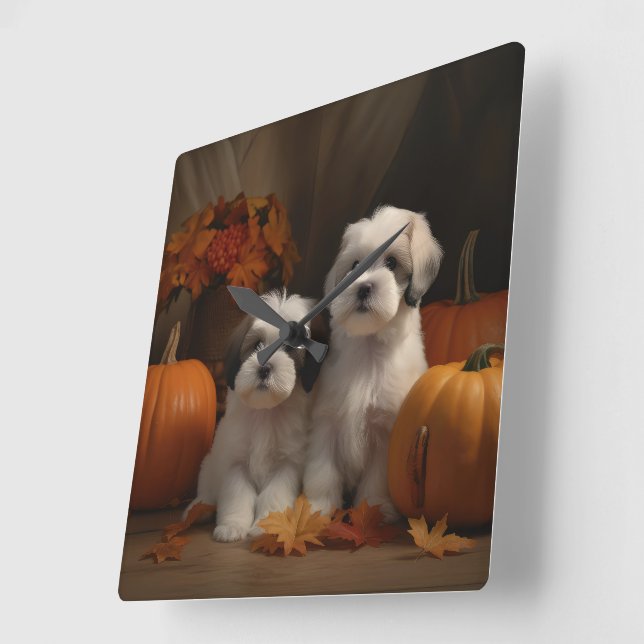 Malti tzu Puppy Autumn Delight Pumpkin Square Wall Clock (Angle)