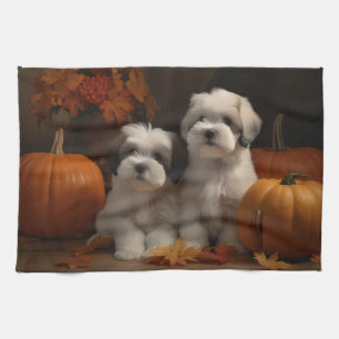 Malti tzu Puppy Autumn Delight Pumpkin Tea Towel