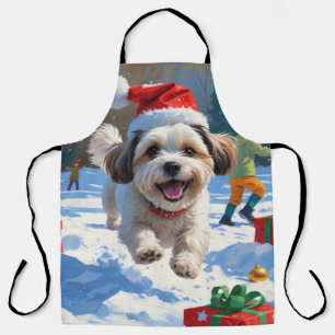 Malti Tzu Running in Snow with Christmas Hat Apron