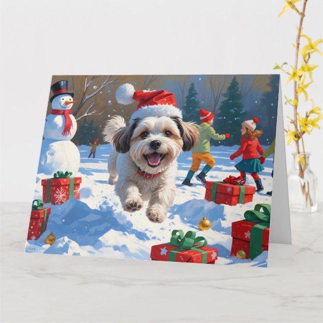 Malti Tzu Running in Snow with Christmas Hat Card (Yellow Flower)
