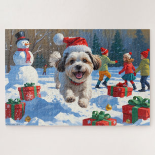 Malti Tzu Running in Snow with Christmas Hat Jigsaw Puzzle