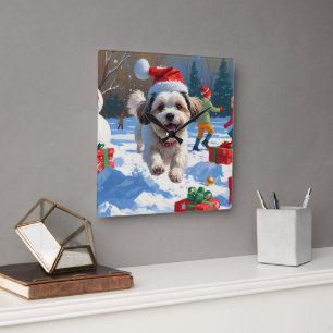 Malti Tzu Running in Snow with Christmas Hat Square Wall Clock