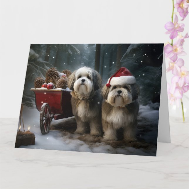 Malti tzu Snowy Sleigh Christmas Decor  Card (Orchid)