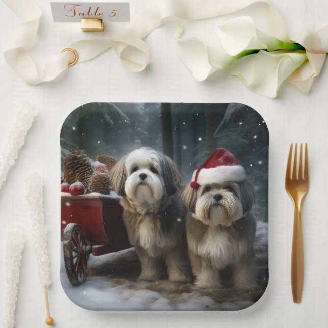 Malti tzu Snowy Sleigh Christmas Decor  Paper Plate (Wedding)